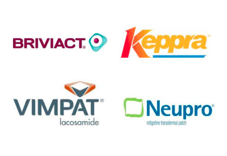 Logos of the products (Briviact, Keppra, Vimpat, Neupro)