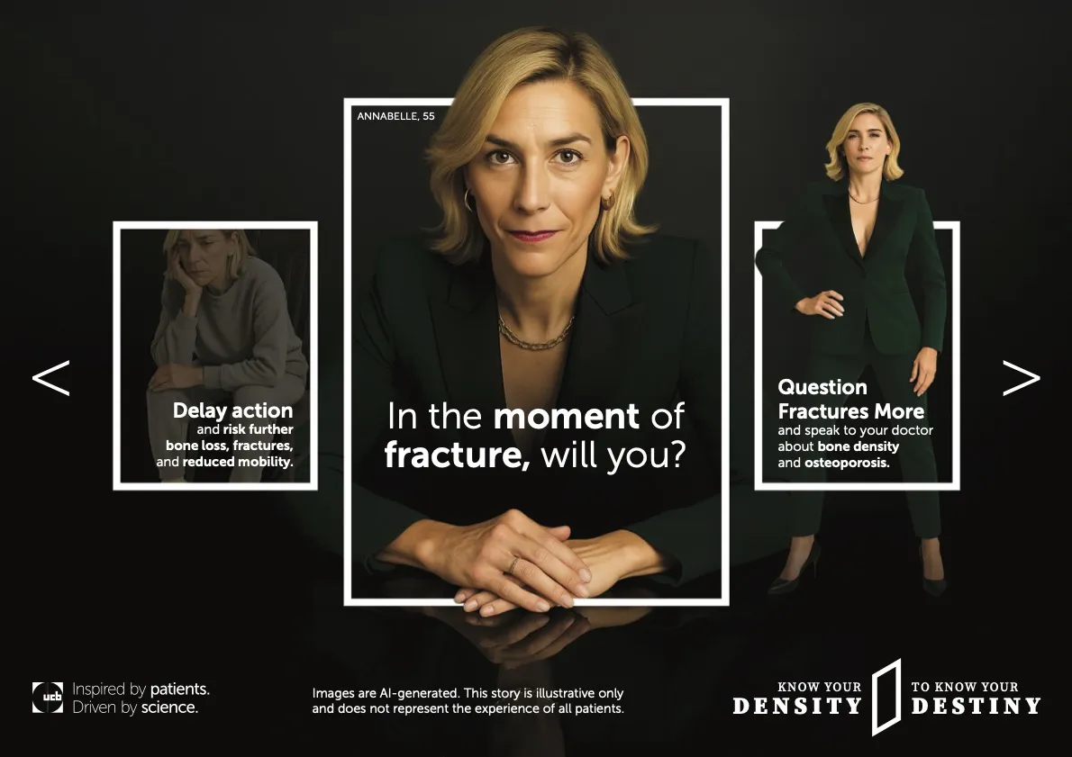 Representation of the new osteoporosis campaign Question Fractures More
